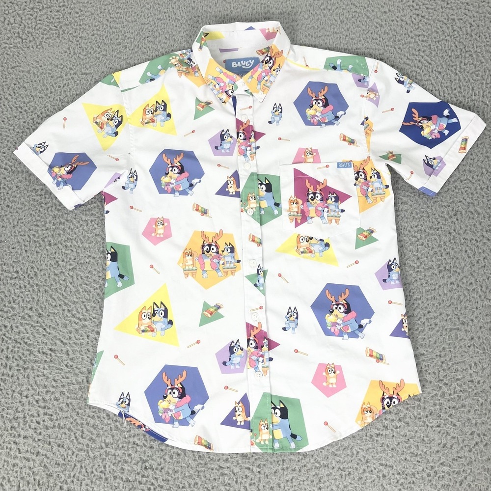 RSVLTS Bluey Shirt Mens Small All OVer Character Print Short Sleeve Button Up